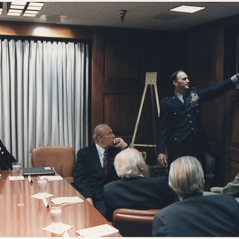 President of the United States Ronald Reagan in a briefing with National Security Council staff on the Libya bombing on 15 April 1986.