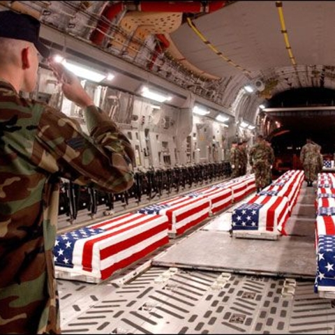 Most U.S. casualties, like these in a C-17 military transport aircraft, return to Dover Air Force Base in Dover, Delaware. (unknown date)