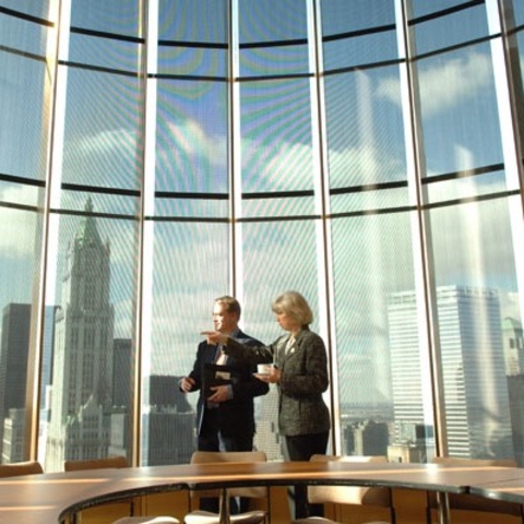 A view of New York City behind Secretary Gale Norton in a lower Manhattan office space in 2006.