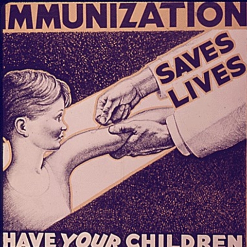 Immunization poster from the early 1940s that says, " Immunization: Saves Lives," and shows a child receiving a vaccination.