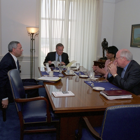 From left to right, Secretary of State Colin L. Powell, Secretary of Defense Donald H. Rumsfeld, National Security Advisor Condoleezza Rice, and Vice President Dick B. Cheney having a working lunch in 2007.