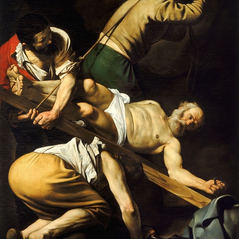 Crucifixion of Saint Peter by Caravaggio (1600, Cerasi Chapel).