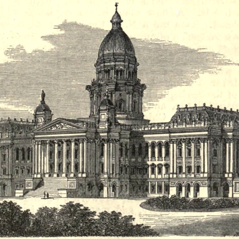 Drawing/wood engraving of the state capitol of Illinois at Springfield.