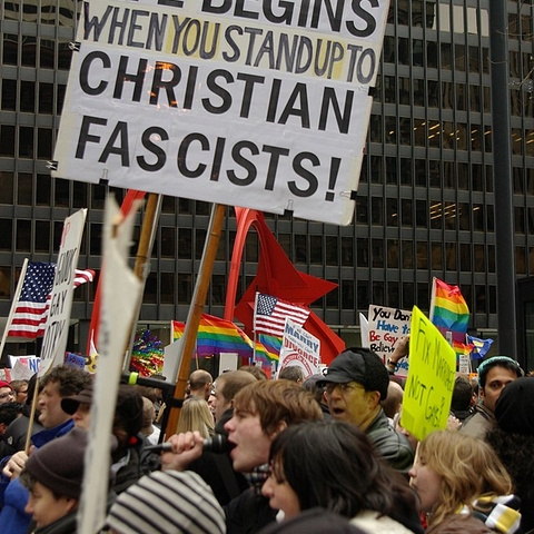Anti-Christian sign in Federal Plaza Chicago 2008