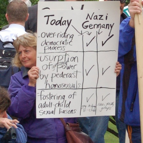 Protester opposing gay marriage in Boston, 2007. The sign compares gay rights in the U.S. to Nazi, Germany.