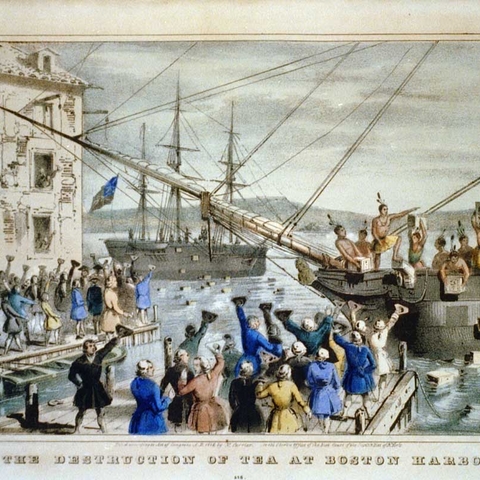 This iconic 1846 lithograph by Nathaniel Currier was entitled "The Destruction of Tea at Boston Harbor"; the phrase "Boston Tea Party" had not yet become standard. Contrary to Currier's depiction, few of the men dumping the tea were actually disguised as Native Americans.
