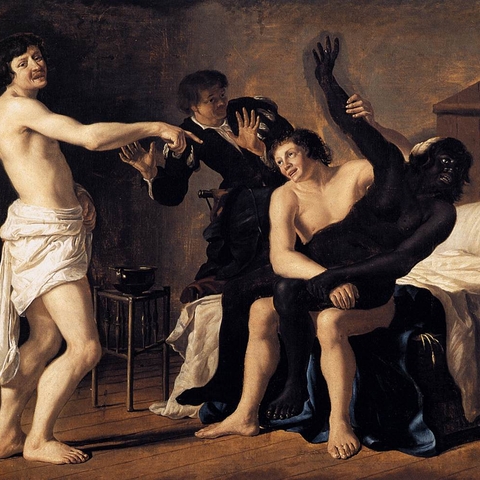 Three Young White Men and a Black Woman (1632) by Christiaen van Couwenbergh.