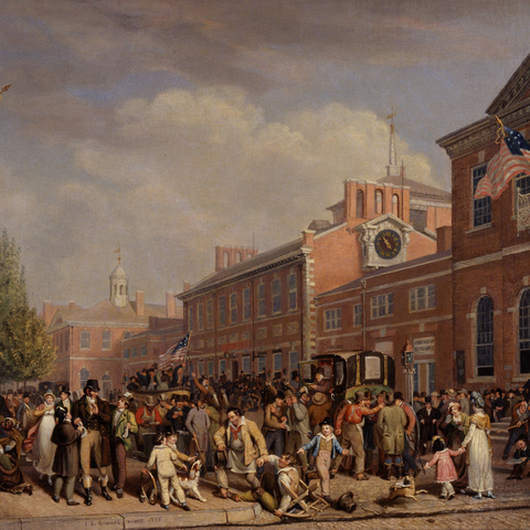 Election Day in Philadelphia 1815 by John Lewis Krimmel, picturing the site of Independence Hall and demonstrating the importance of elections as public occasions.