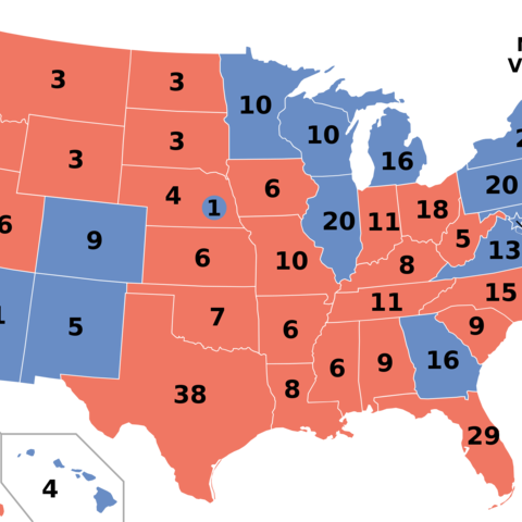 In the 2020 presidential election (held using 2010 census data) Joe Biden received 306 (●) and Donald Trump 232 (●) of the total 538 electoral votes. In Maine (upper-right) and Nebraska (center), the small circled numbers indicate congressional districts. These are the only two states to use a district method for some of their allocated electors, instead of a complete winner-takes-all.