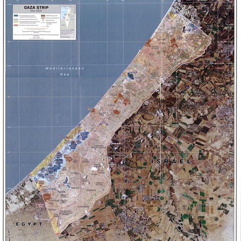 Map of the Gaza Strip in May 2005, a few months prior to the Israeli withdrawal. The major settlement blocs were the blue-shaded regions of this map.