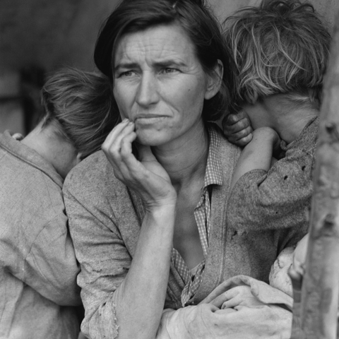 Dorothea Lange's Migrant Mother depicts destitute pea pickers in California, centering on Florence Owens Thompson, age 32, a mother of seven children, in Nipomo, California, March 1936.