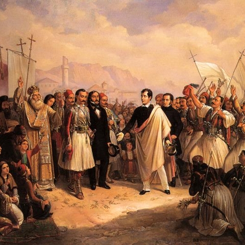 The Reception of Lord Byron at Missolonghi painting by Theodoros Vryzakis.