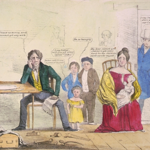 Whig cartoon showing the effects of unemployment on a family that has portraits of Democratic Presidents Andrew Jackson and Martin Van Buren on the wall.