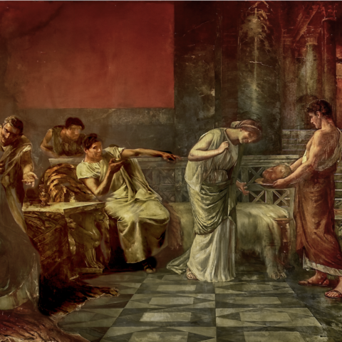 The Vengeance of Fulvia by Francisco Maura y Montaner, 1888 depicting Fulvia inspecting the severed head of Cicero.