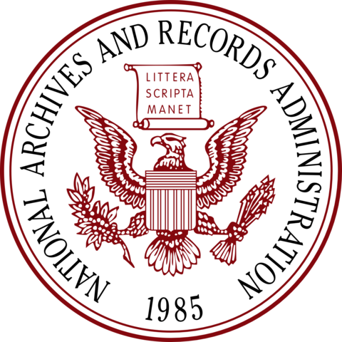 Seal of the United States National Archives and Records Administration. The seal is described in 36 C.F.R. § 1200.2 as: The seal is centered on a disc with a double-line border. The words NATIONAL ARCHIVES AND RECORDS ADMINISTRATION encircle the inside of the seal and the date 1985 is at the bottom center.