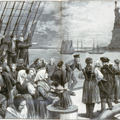 Immigrants on ocean steamer passing the Statue of Liberty, New York City, 1887.