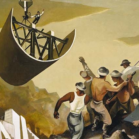 The federal government commissioned a series of public murals from the artists it employed: William Gropper's Construction of a Dam (1939) is characteristic of much of the art of the 1930s, with workers seen in heroic poses, laboring in unison to complete a great public project.