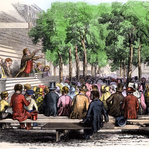 Hand-coloured woodcut of a Methodist camp meeting in Eastham, Massachusetts, c. 1850.