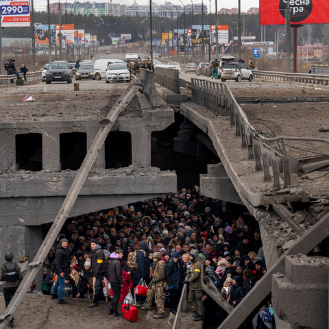 Ukrainian refugees sheltering beneath a bridge in Kyiv, March 5, 2022.