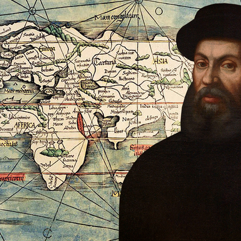 Ferdinand Magellan with an antique map behind him