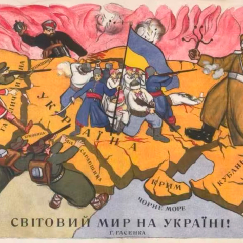 In this 1919 caricature, Ukrainians are surrounded by a Bolshevik (to the north, man with hat and red star), a Russian White Army soldier (to the east, with Russian eagle flag and a short whip), and to the west a Polish soldier, a Hungarian (in pink uniform) and two Romanian soldiers. Wikimedia Commons  https://theconversation.com/ukraine-as-a-borderland-a-brief-history-of-ukraines-place-between-europe-and-russia-178168