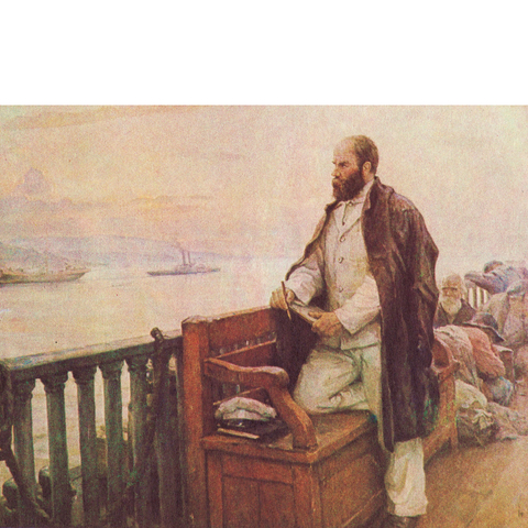 portrait of Shevchenko by Ukrainian artist Ilia Shulha, titled Taras Shevchenko Returning from Exil by Boat.