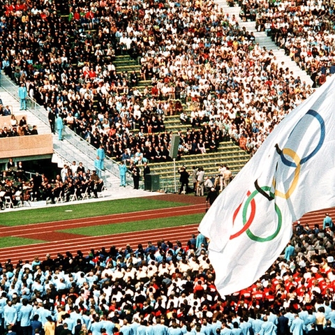 The Olympic flag flies at half-staff during a memorial service to the slain Israeli athletes, September 6, 1972.