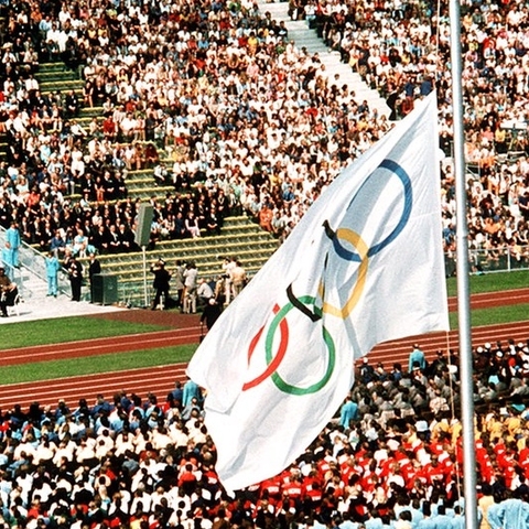 The Olympic flag flies at half-staff during a memorial service to the slain Israeli athletes on September 6, 1972.