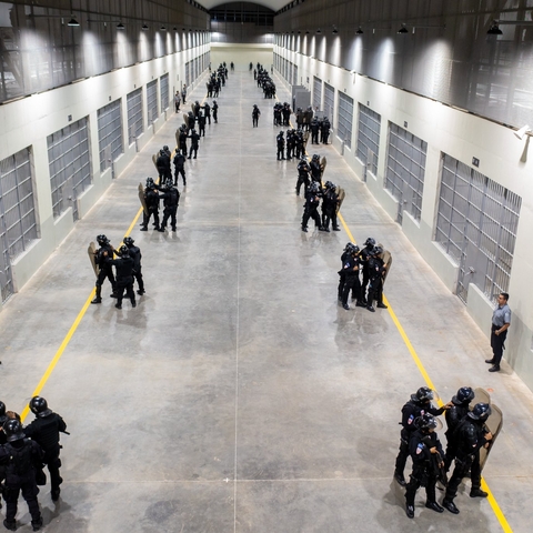The new Terrorism Confinement Center in El Salvador, which opened in February 2023, was built to detain thousands suspected gang members. 