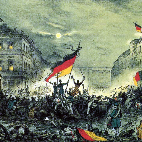 A barricade in central Berlin during the March 1848 uprising. 