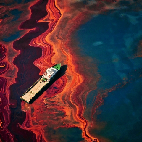 ship on waterway that is polluted with oil spill