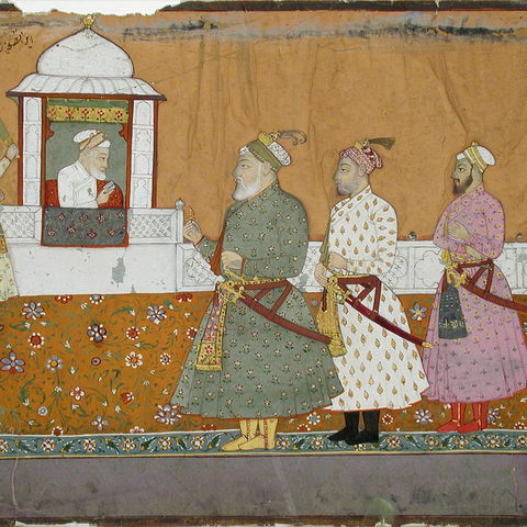Aurangzeb in a pavilion with courtiers below.