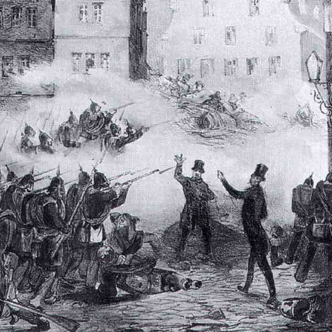 Soldiers aiming guns at two men in May 1848 in Dresden