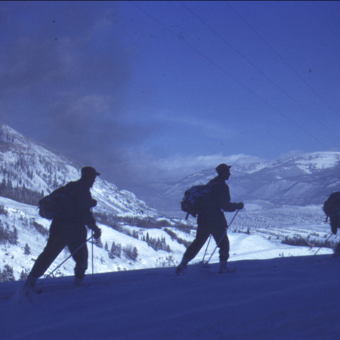 Three 10th Mountain Division Ski troopers above Camp Hale in the Pando Valley, Colorado in February, 1944.