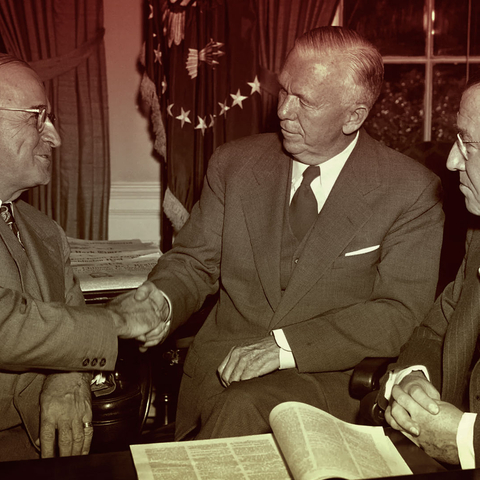 resident Harry Truman, left, congratulates Gen. George Marshall (architect of the Marshall Plan) , Fair Use via AP