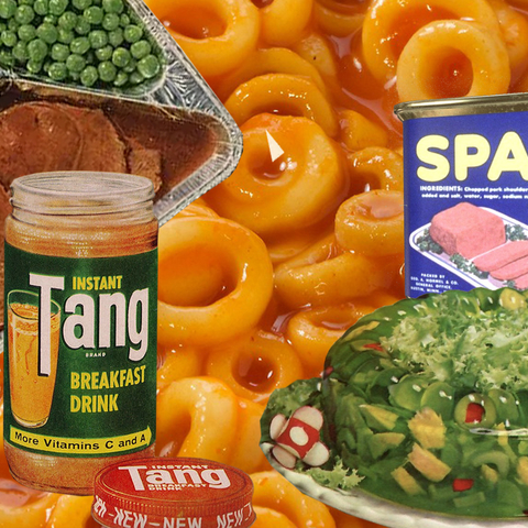 SpaghettiOs in background, tv dinner, Tang bottle, Spam tin and Jello mold in foreground