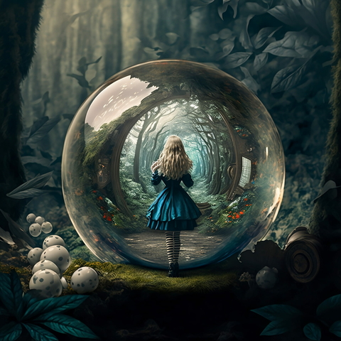 Alice standing inside a clear bubble in a forest with mushrooms around the bubble