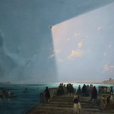 Ippolito Caffi's Eclisse di sole alle Fondamenta, Nove 1842, a solar eclipse and people standing on a shore looking up at it