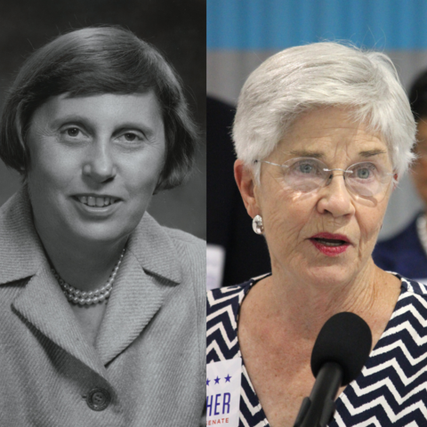 Female governors left to right, Nellie Tayloe Ross, Ella T. Grasso, Kay Orr, and Gretchen Whitmer. 