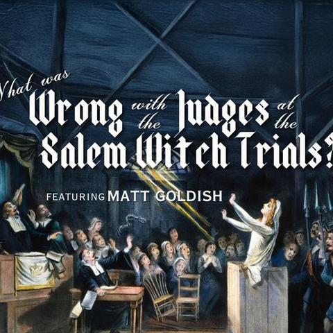 a woman at a witch trial. she is wearing white and has her arms up in air with lightening bolts coming out of them. A judge, lawyer and an audience of people look on.