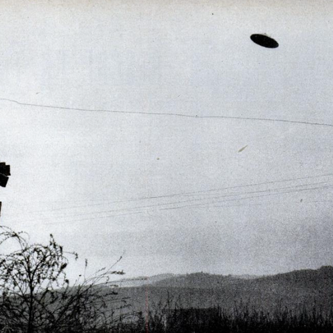 One of the McMinnville UFO photographs. Skeptics have concluded that the UFO was a small model suspended by wires or string from the power lines visible at the top of the photo.