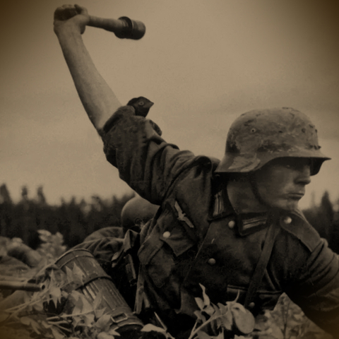 soldier holding a bomb in the air