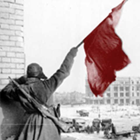 Soviet Union soldier holding a Soviet flag in the air