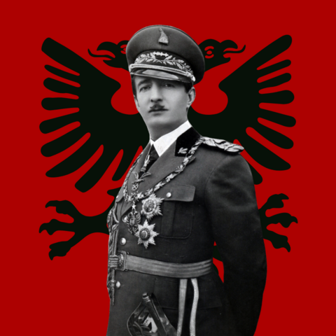 Zog I of Albania in front of the Albania Republic flag.