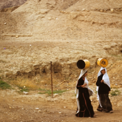 Women from Jericho's Palestinian refugee camp going to fetch water, 1961.