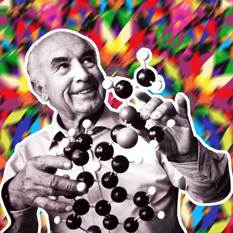 Albert Hofmann holding model of LSD, background is bright color collage