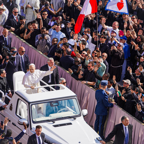 Pope Leo XIV in the popemobile at his inauguration, 2025.
