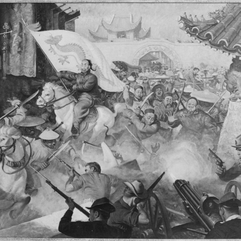 US Marines fight rebellious Boxers outside Beijing Legation Quarter, 1900 – copy of painting by Sergeant John Clymer