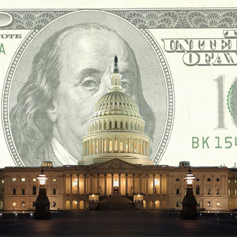 dollar bill with image of capitol building in front of it