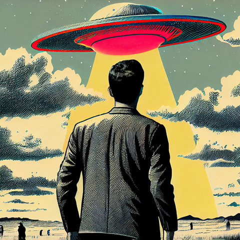 the back of a man who is looking at a flying saucer in the sky